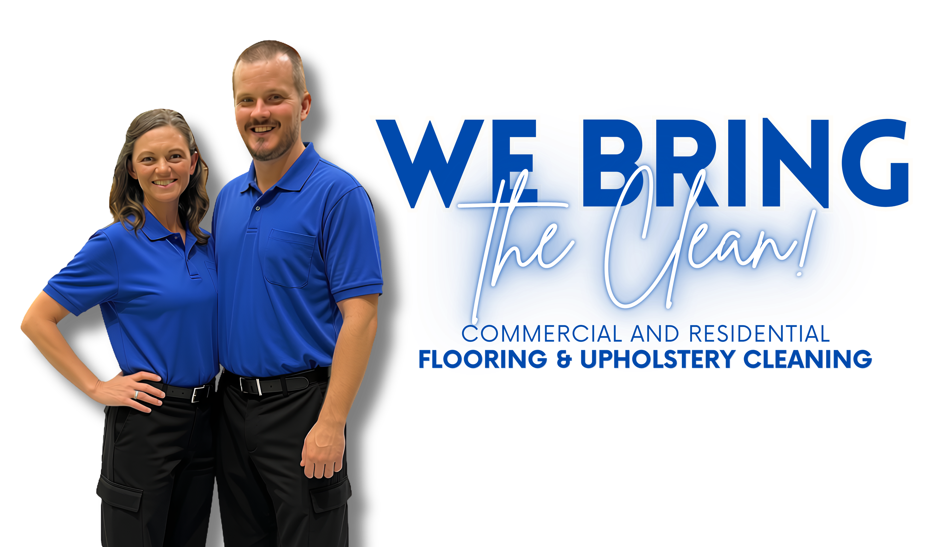 Photo of Owners Evan and Danielle Bell in blue polo shirts in black pants